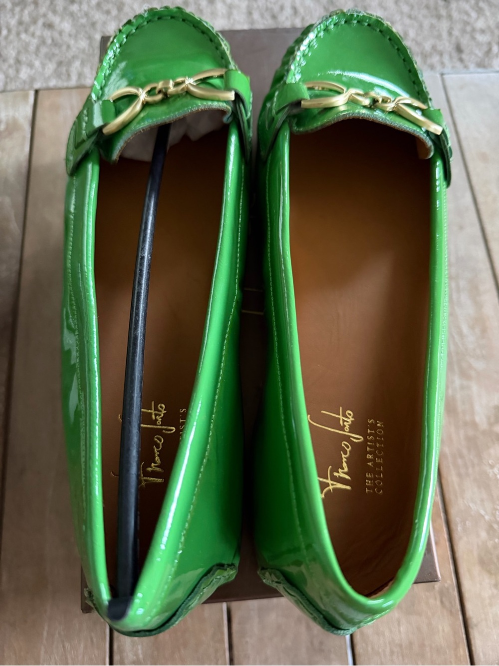 Franco Sarto Green Patent Loafers with Gold Horsebit - Picture 4 of 6